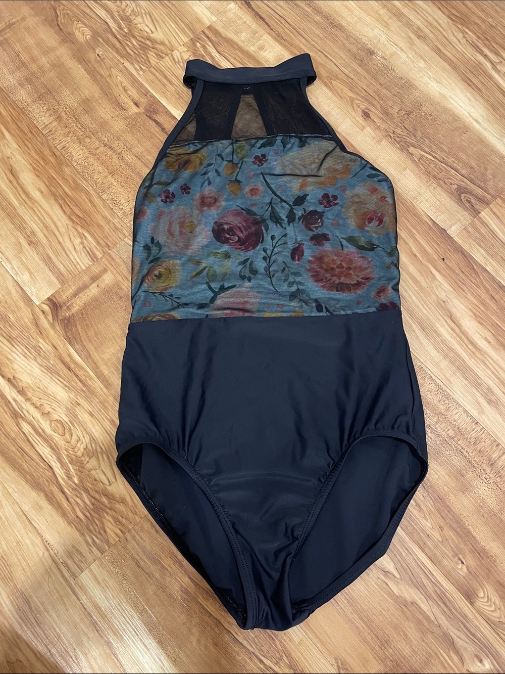 High Neck Floral Mesh Ballet Leotard - Black with Multicolor Floral